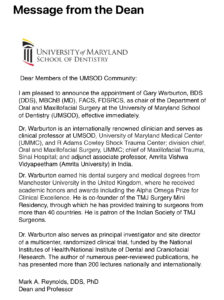 A letter from the university of maryland school of dentistry.