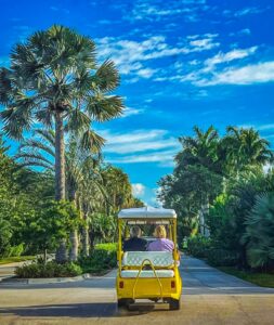 A yellow cart driving down the street with palm trees.